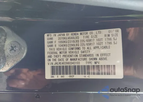 2008 Honda Cr-V Lx из США, поврежденный, VIN JHLRE48398C043103